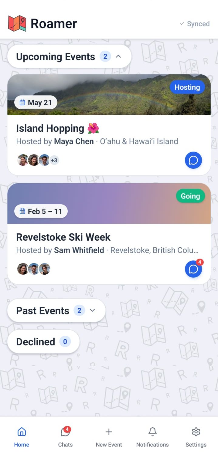 Roamer home screen showing upcoming trips