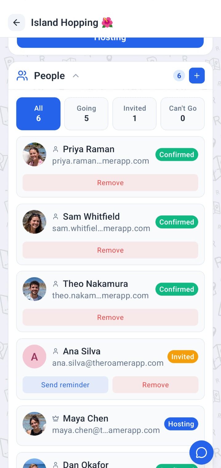 Roamer trip screen showing the people on the trip and their RSVP status