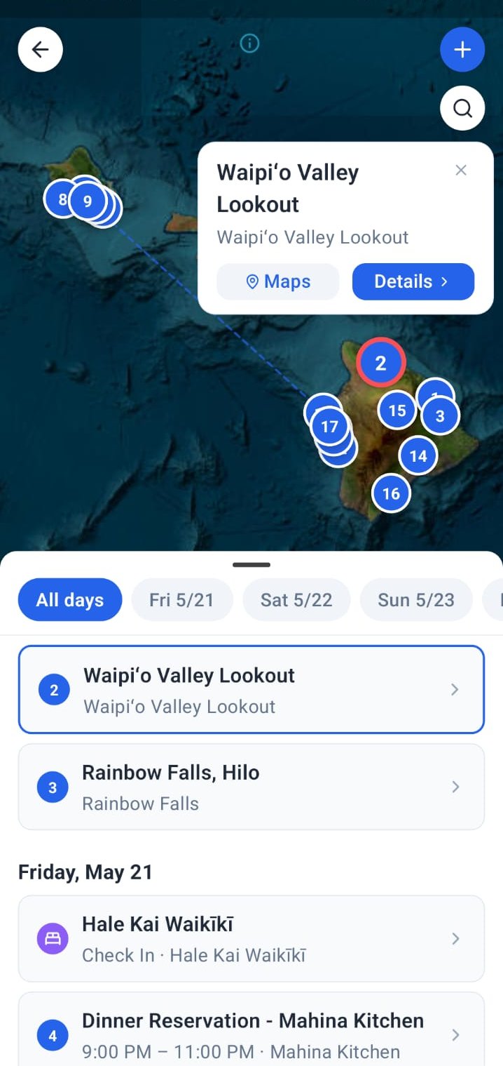 Roamer trip map with itinerary stops pinned