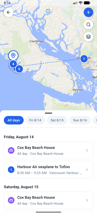 Roamer showing a trip itinerary on a map