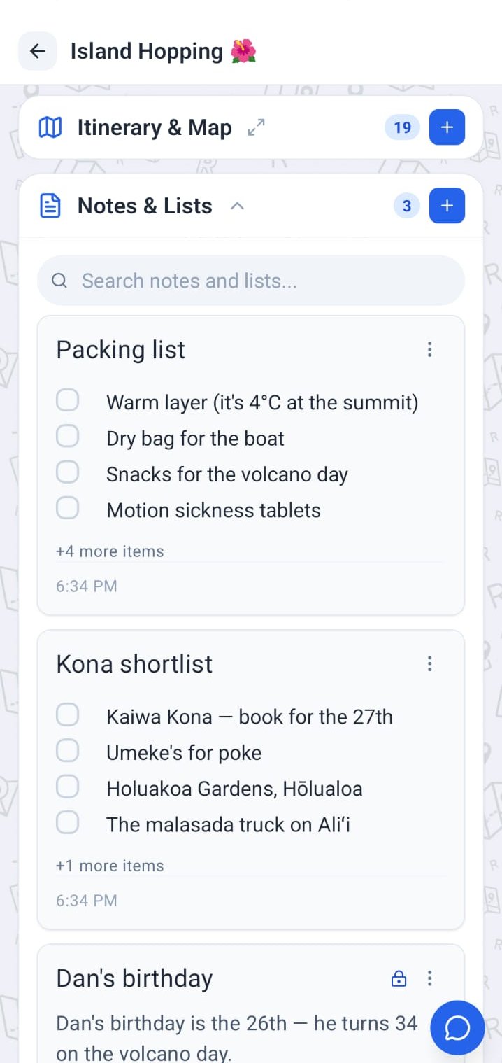 Shared packing lists and a private note in a Roamer trip