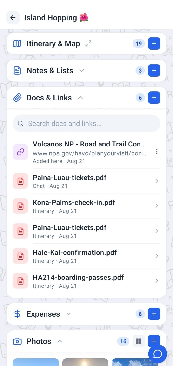 Every document and link in the trip, labelled by where it came from