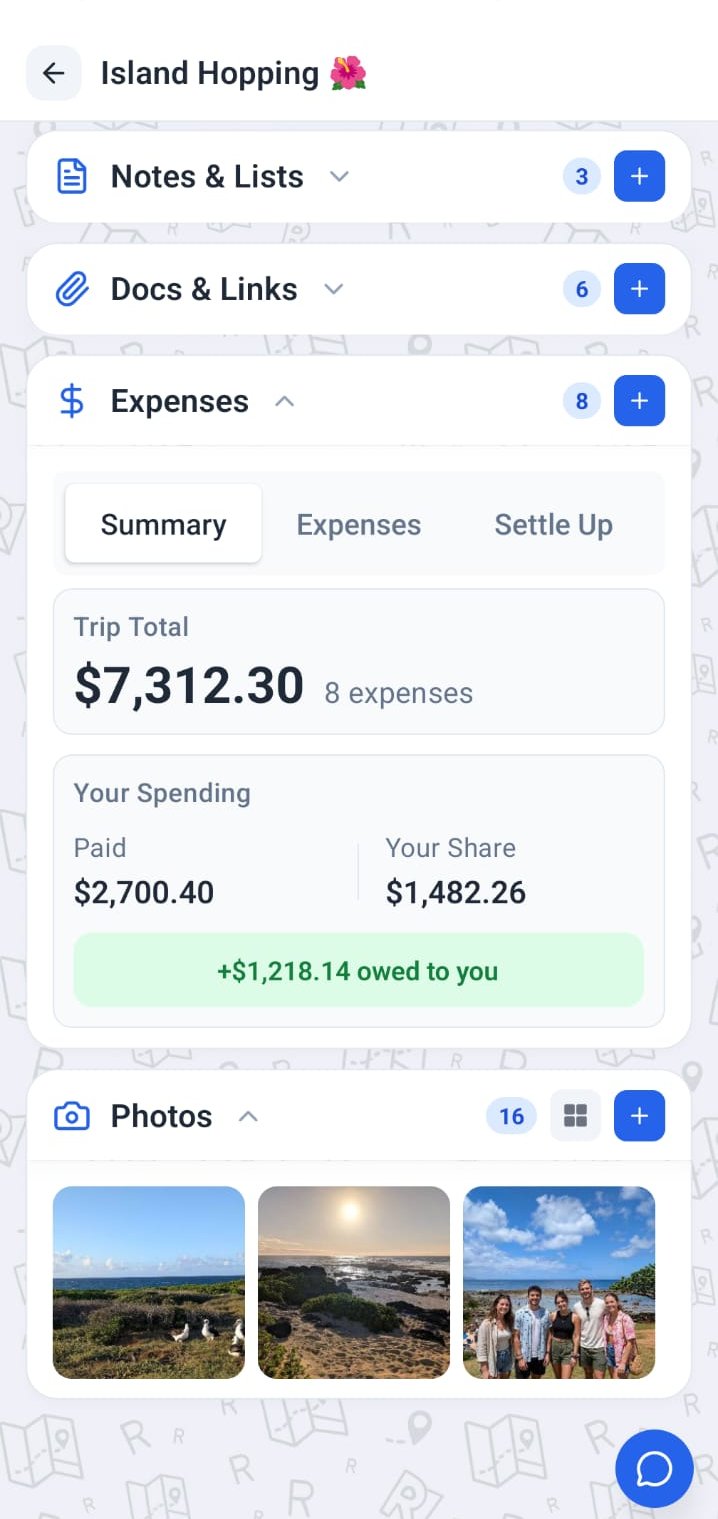 Roamer expense summary showing the trip total and your share
