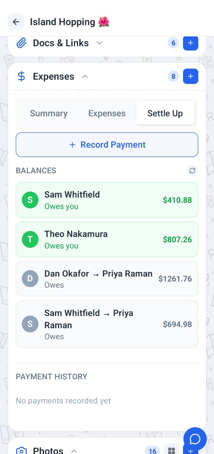 Roamer settle-up balances showing who owes whom