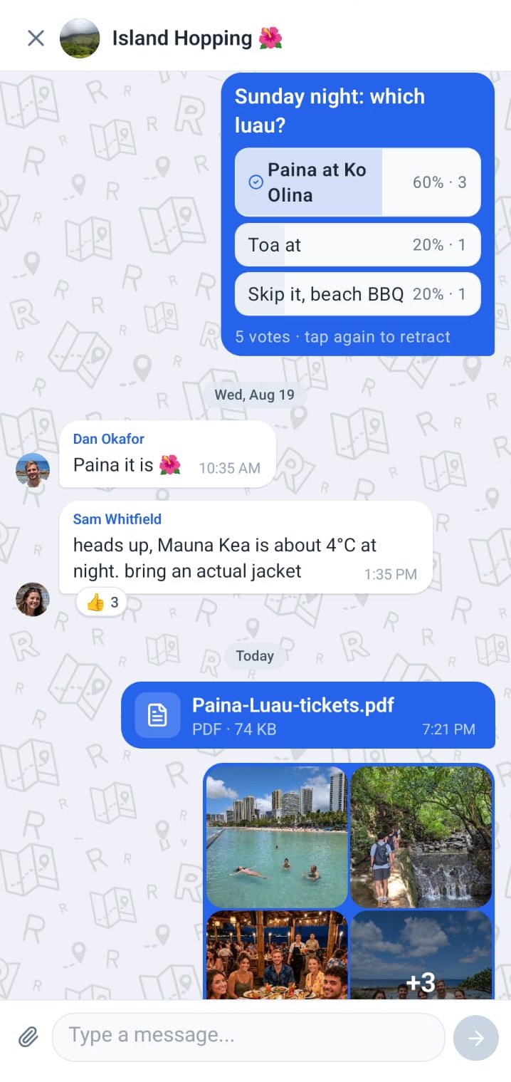 Roamer group chat with a poll, a reaction, a shared document and photos