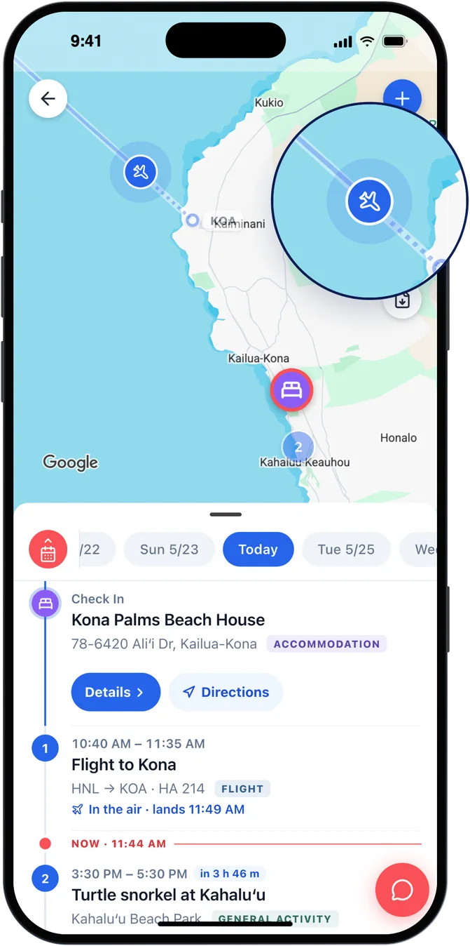 The itinerary on a map: a flight to Kona in the air, the stay on the coast, and today's plans in order