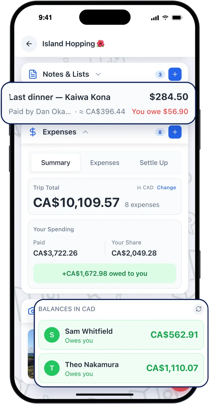 The trip's expenses: the total in Canadian dollars, your share, and who owes you